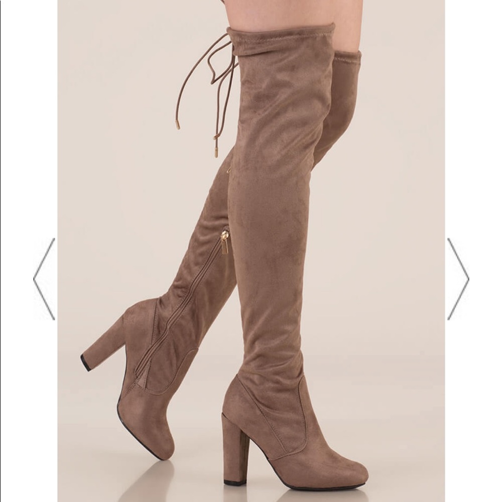 Thigh High Drawstring Boots in Taupe